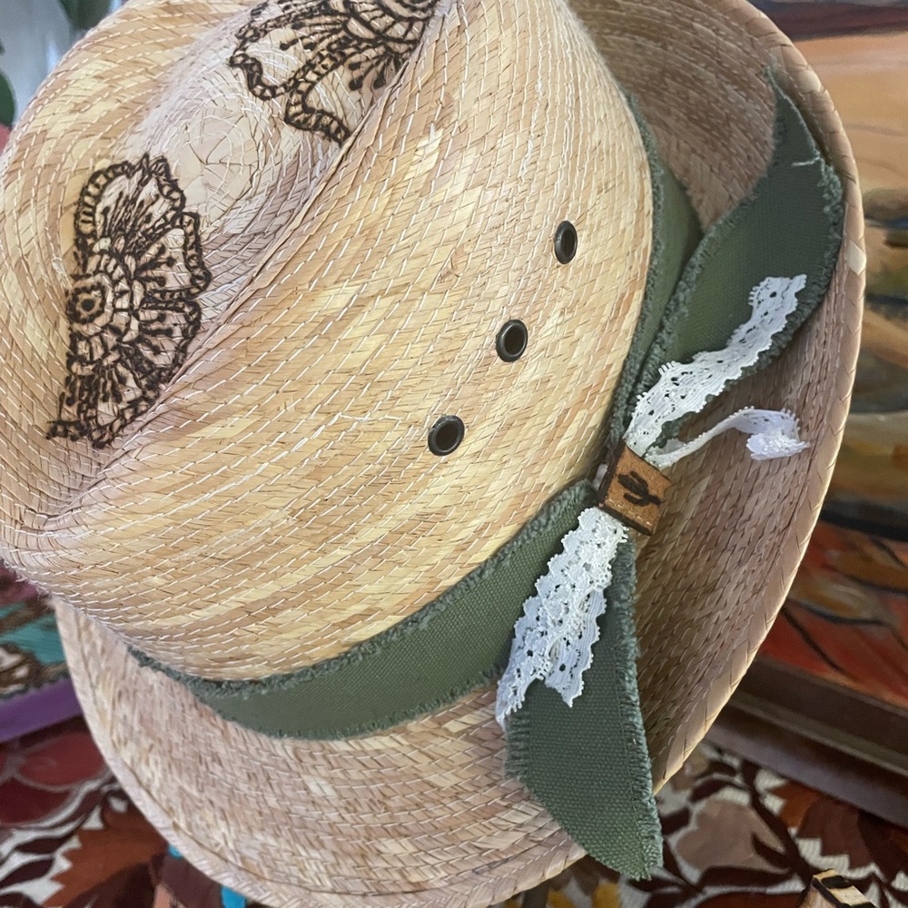 Embroidered Straw Hat with Green Band
